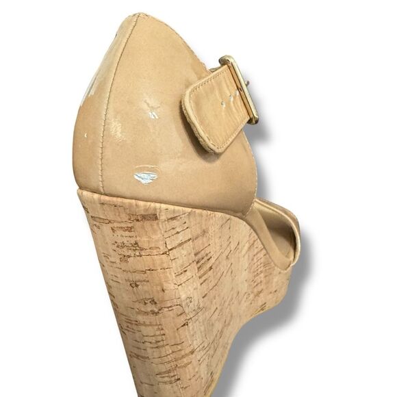 Stuart Weitzman Oneliner Patent Leather Cork Wedge Open Toe Heels Nude Size 9 - Picture 9 of 10